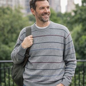 Saddlebred Men’s Gray Striped Crewneck Sweater XL Classic Cotton